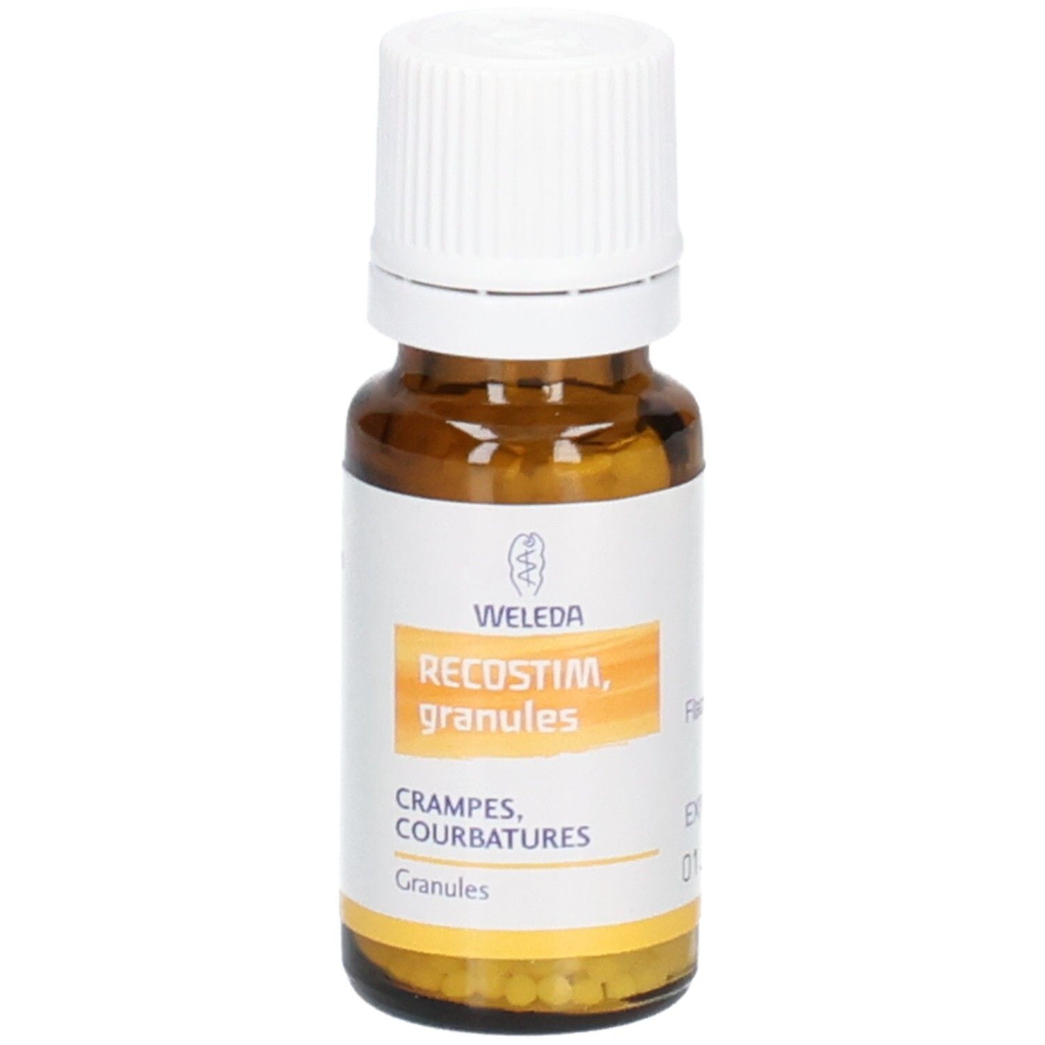 Flacon en verre brun avec bouchon blanc. Étiquette avec nom du produit RECOSTIM, granulés. Marque WELEDA.