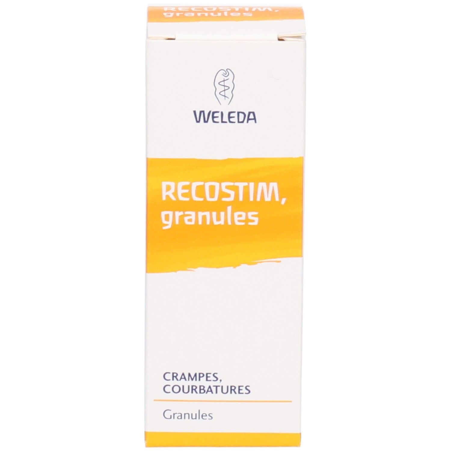 Emballage du produit blanc et jaune. Nom du produit RECOSTIM, granulés. Marque WELEDA. Texte : Crampes, Courbatures, Granules.