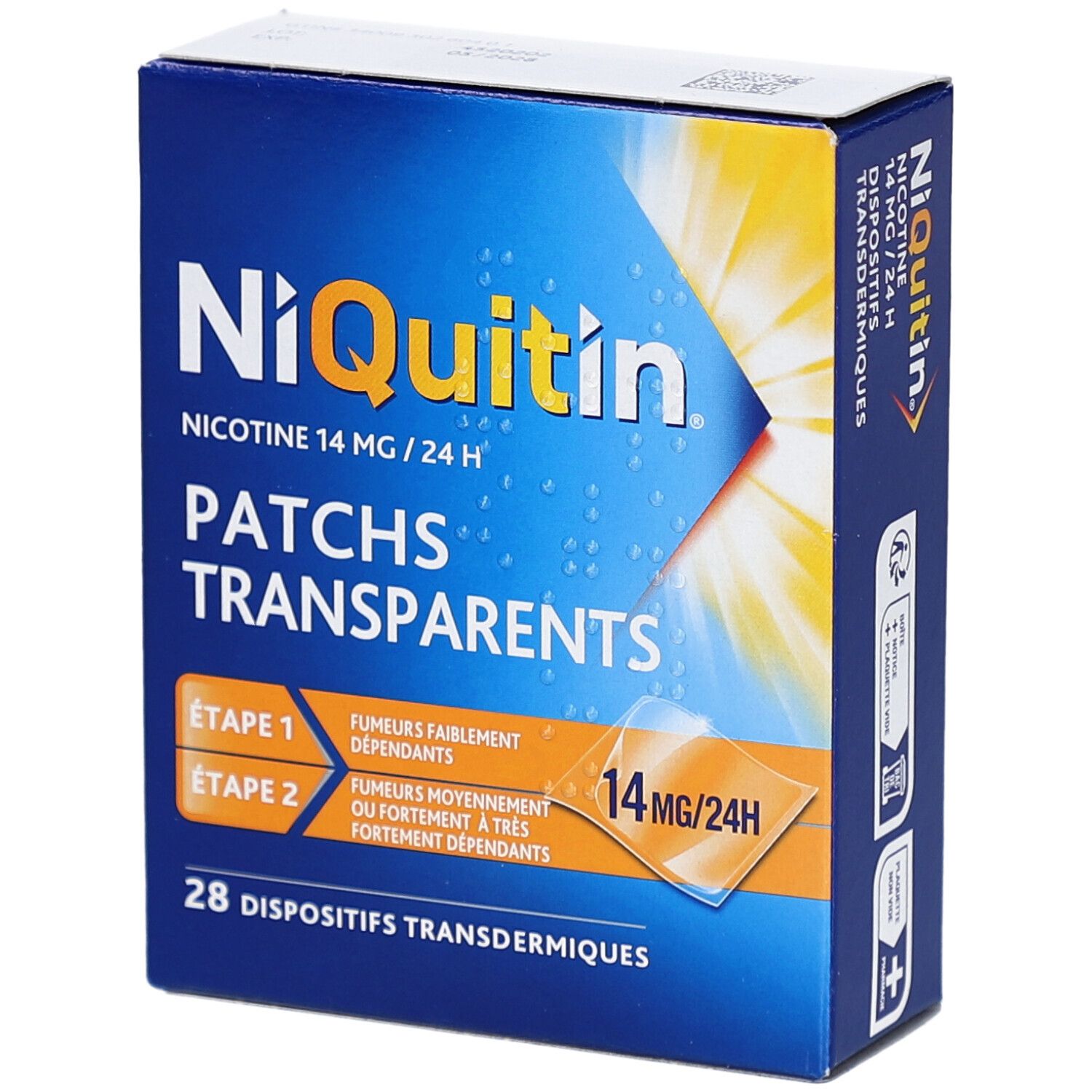 Boîte de patchs NiQuitin. Emballage bleu avec nom du produit, informations sur la nicotine et le dosage. 28 dispositifs transdermiques.