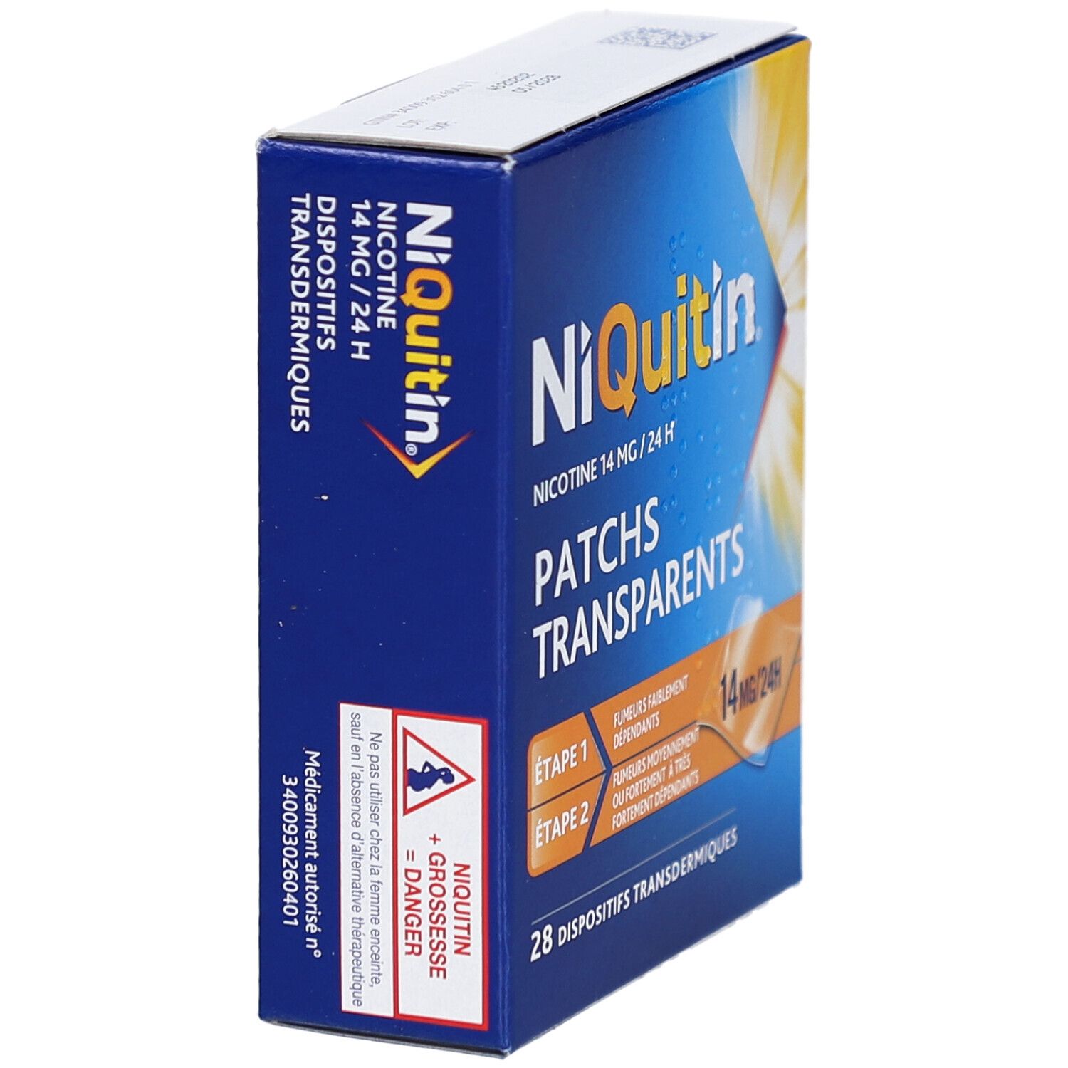 Boîte NiQuitin, emballage bleu. Nom du produit, informations sur la nicotine et le dosage. Avertissement et informations sur les patchs.
