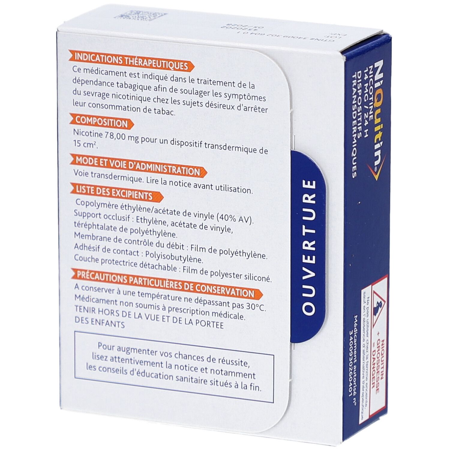Dos de la boîte NiQuitin. Informations textuelles, dont indications thérapeutiques, composition et précautions. Indication d'ouverture.