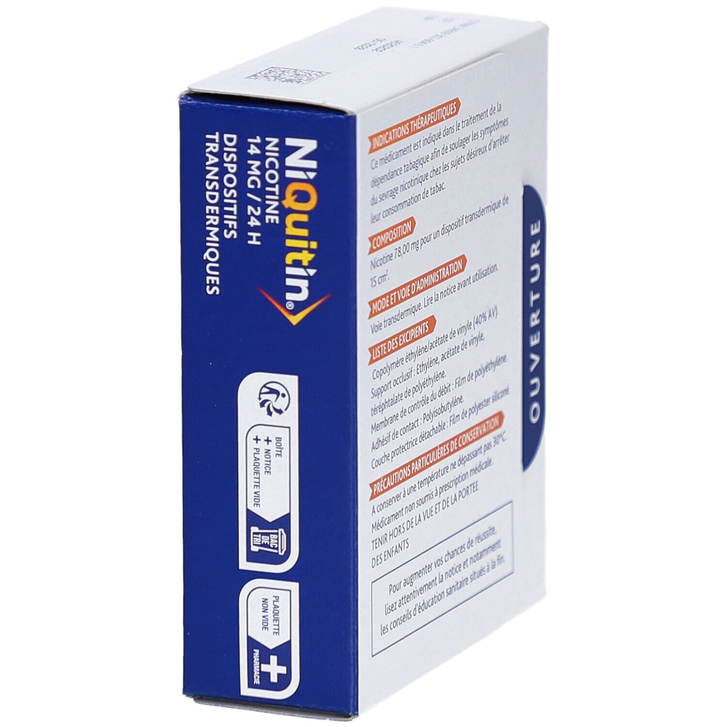 Vue latérale de la boîte NiQuitin. Informations textuelles, dont indications thérapeutiques, composition et précautions. Indication d'ouverture.