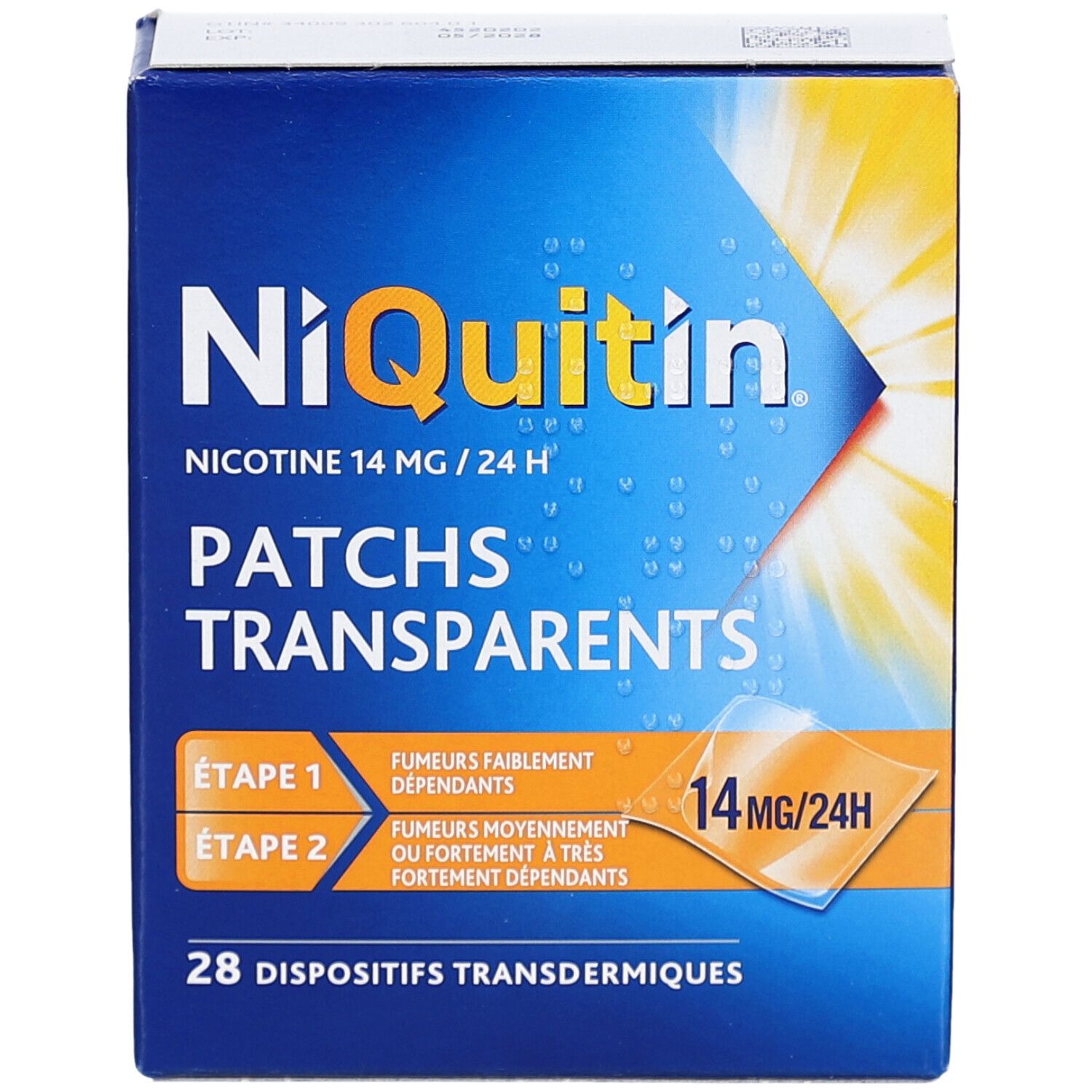 Boîte NiQuitin, emballage bleu. Nom du produit, informations sur la nicotine et le dosage. 28 patchs transdermiques. Un patch est illustré.