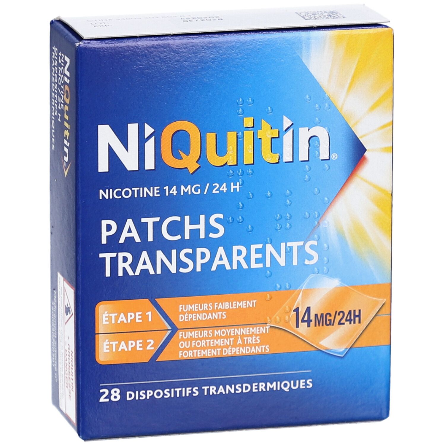 Boîte NiQuitin, emballage bleu. Nom du produit, informations sur la nicotine et le dosage. 28 patchs transdermiques. Un patch est illustré.
