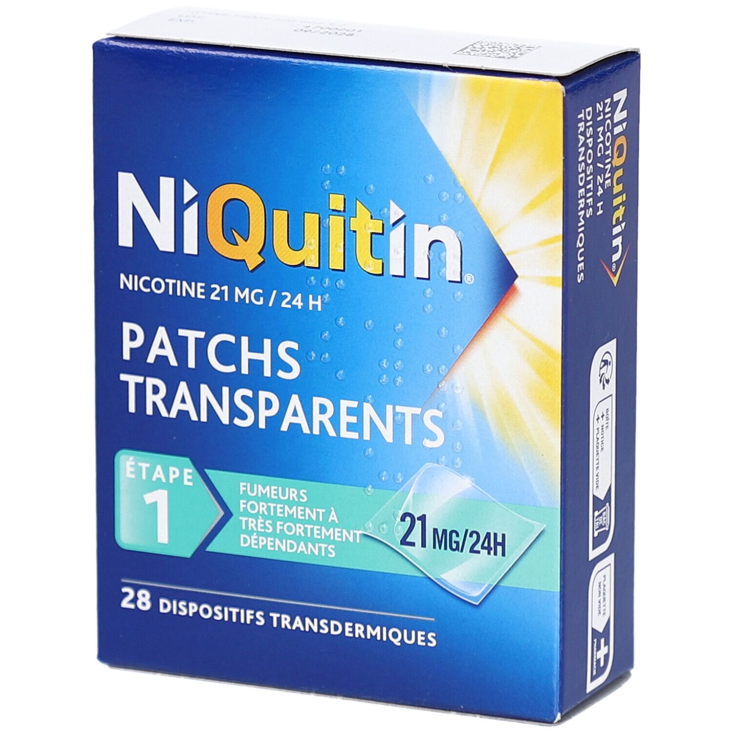 Boîte bleue et blanche NiQuitin. Texte: Nicotine 21 mg/24 h, Patches Transparents, 28 Dispositifs Transdermiques. Étape 1.