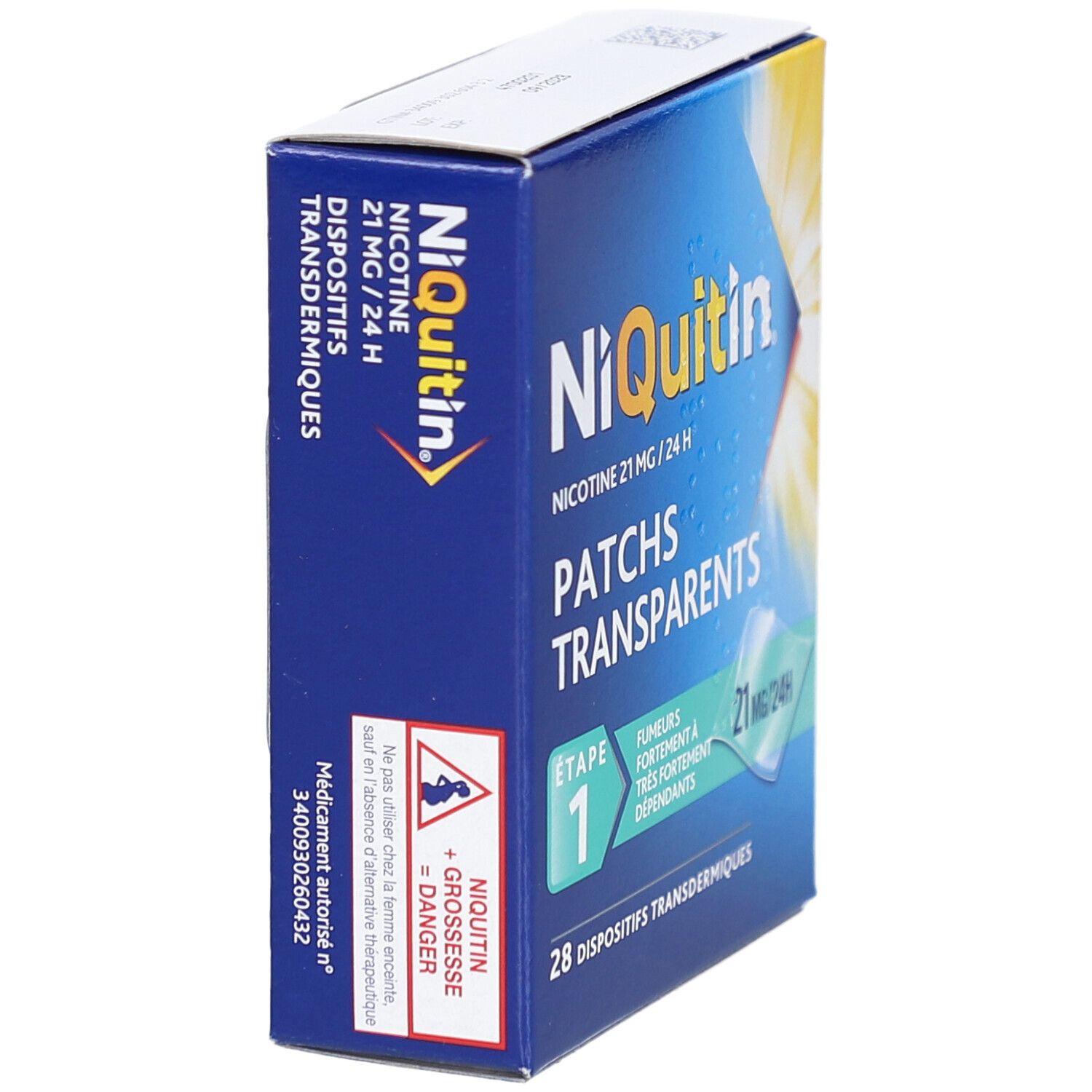 Boîte NiQuitin bleue et blanche. Texte: Nicotine 21 mg/24 h, Patches Transparents, 28 Dispositifs Transdermiques. Avertissement.