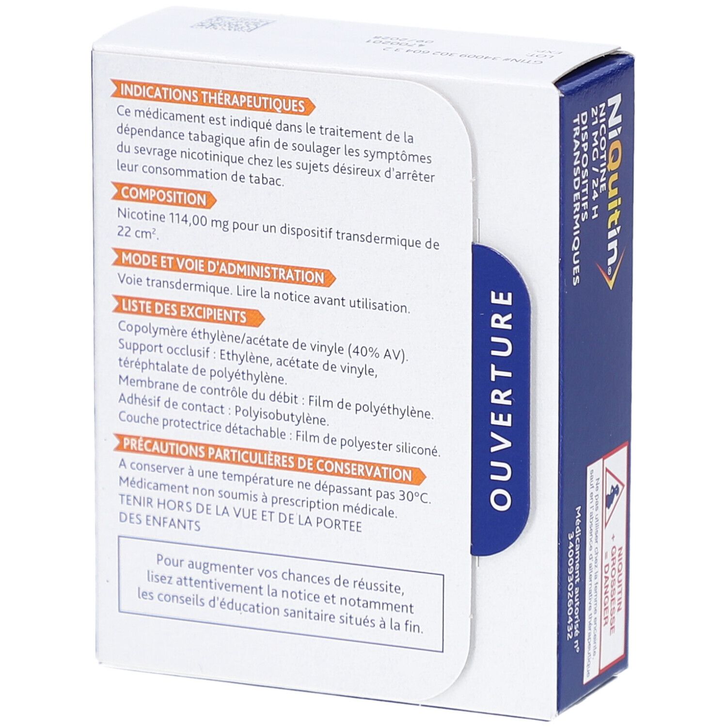 Dos de la boîte NiQuitin. Texte: Indications, Composition, Mode d'emploi, Précautions. Ouverture.