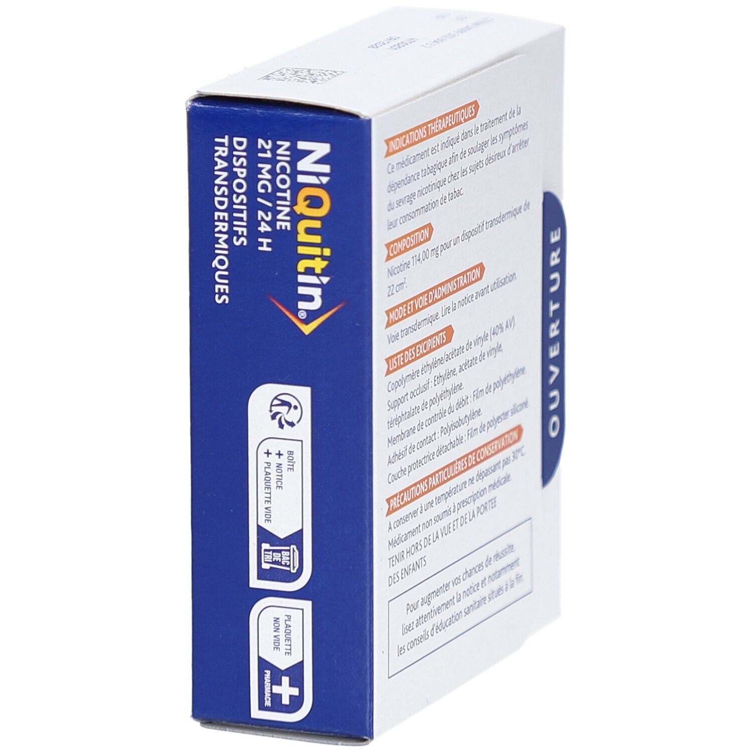 Dos de la boîte NiQuitin. Texte: Indications, Composition, Mode d'emploi, Précautions. Ouverture.