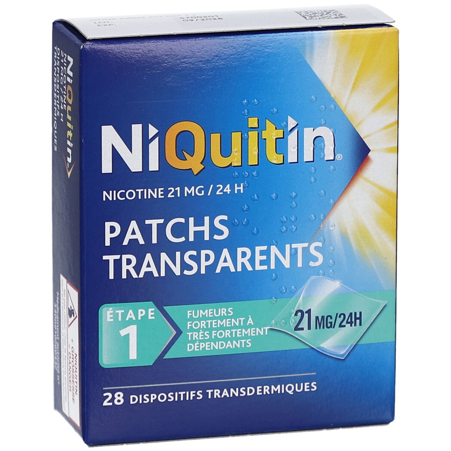 Boîte bleue et blanche NiQuitin. Texte: Nicotine 21 mg/24 h, Patches Transparents, 28 Dispositifs Transdermiques. Étape 1.