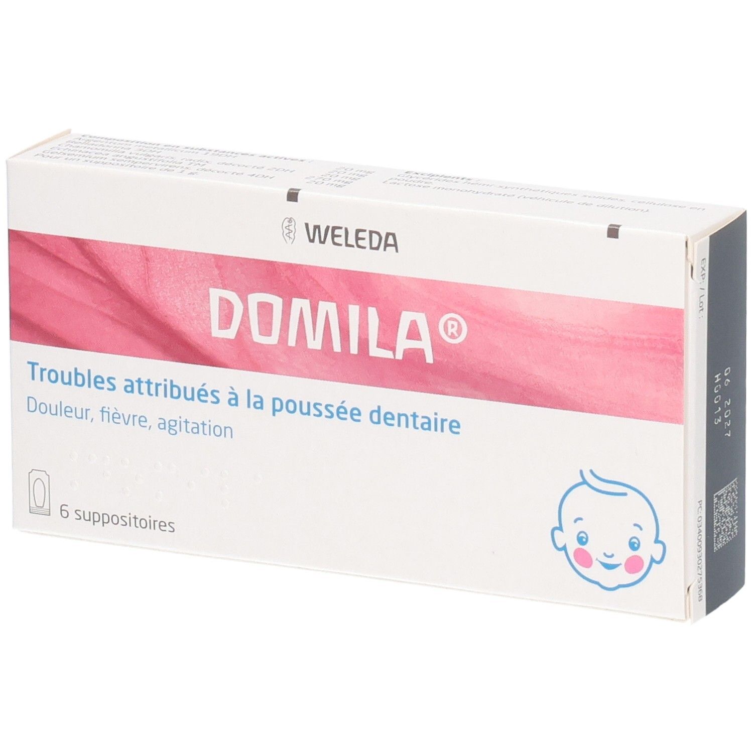 Boîte de 6 suppositoires DOMILA. Inscription: Troubles attribués à la poussée dentaire. Illustration bébé.