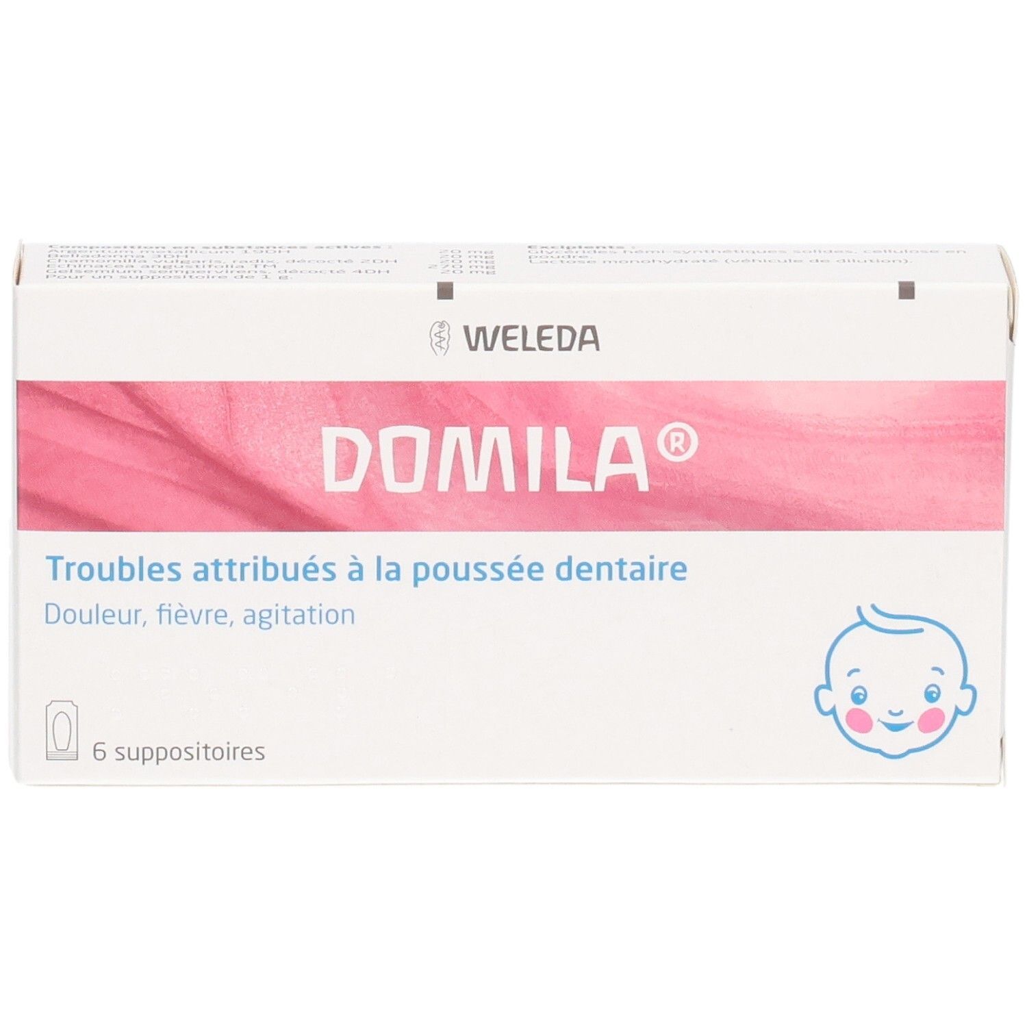 Boîte DOMILA, 6 suppositoires. Inscription: Troubles attribués à la poussée dentaire. Illustration bébé.