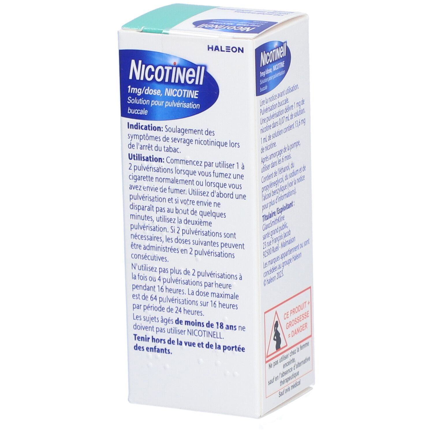Côté de la boîte Nicotinell Spray Buccal. Texte: mode d'emploi, avertissements. Logo: HALEON.