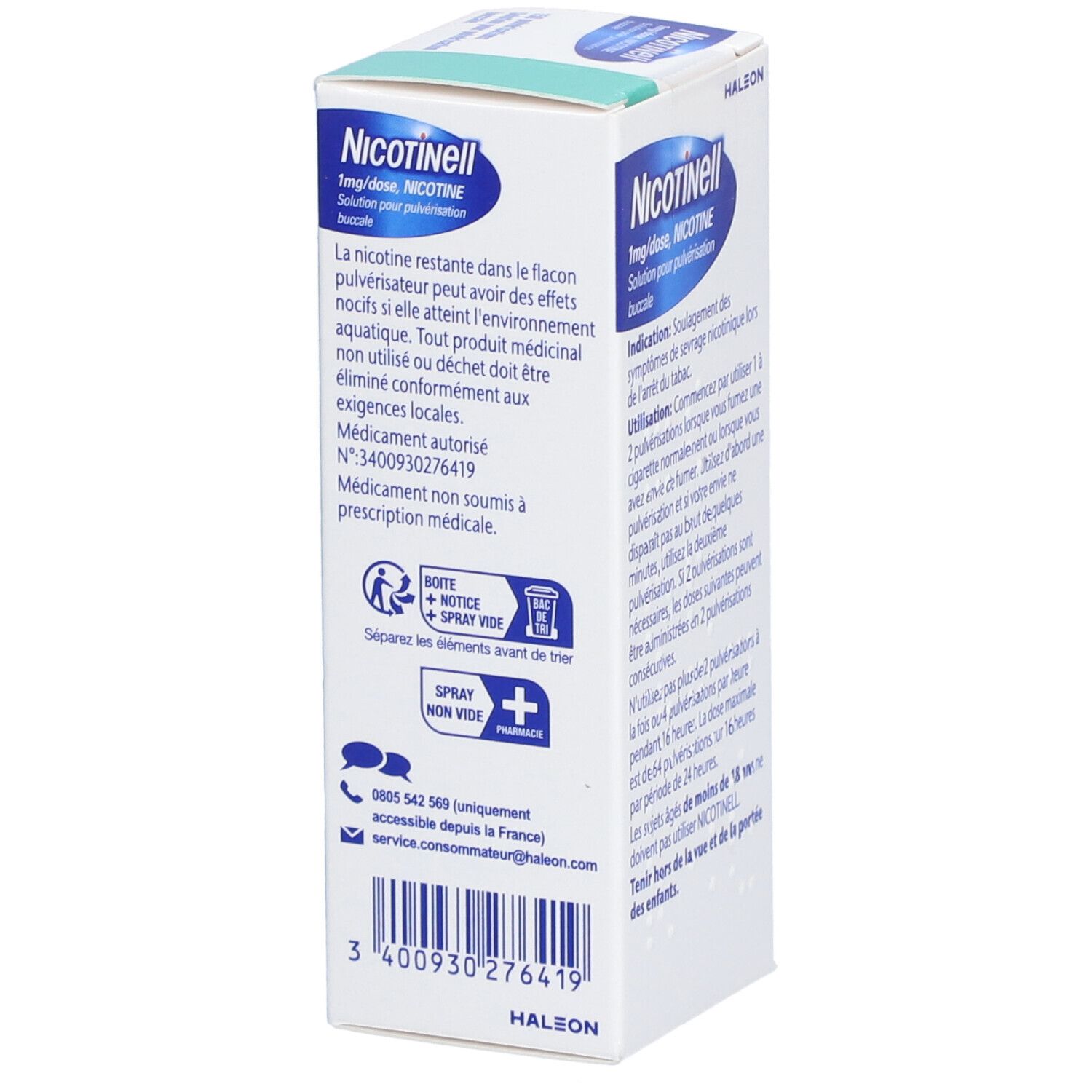 Côté de la boîte Nicotinell Spray Buccal. Texte: avertissements, coordonnées. Logo: HALEON.