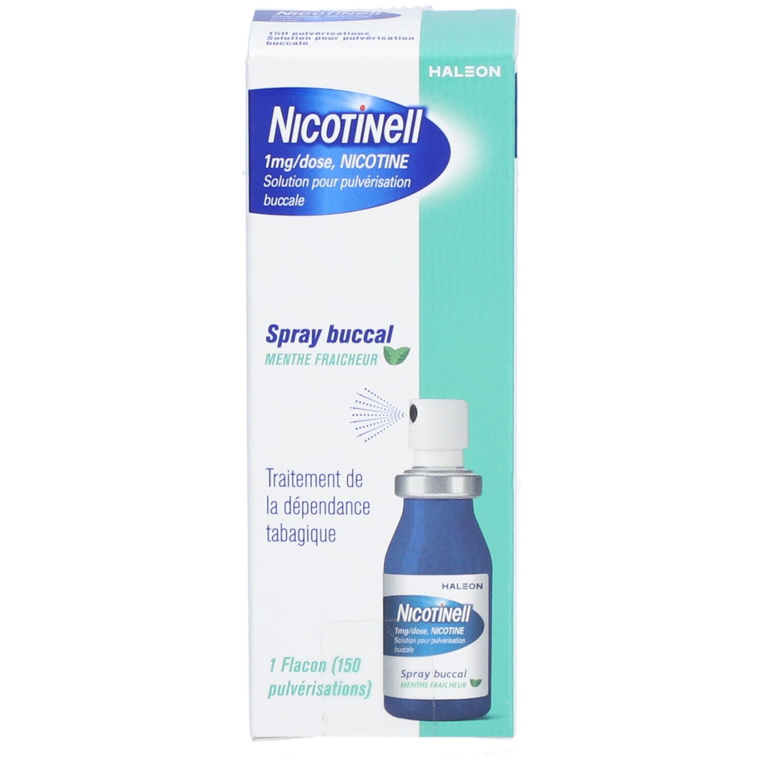 Boîte et flacon de Nicotinell Spray Buccal. Flacon bleu avec vaporisateur. Texte: 1mg/dose, Menthe Fraîcheur, Traitement de la dépendance tabagique.