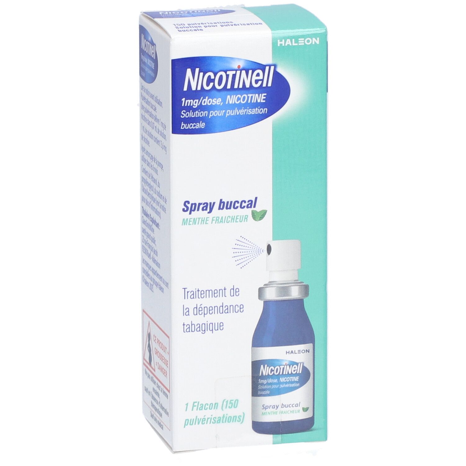 Flacon de Nicotinell Spray Buccal. Flacon bleu avec vaporisateur. Texte: 1mg/dose, Menthe Fraîcheur, Traitement de la dépendance tabagique.