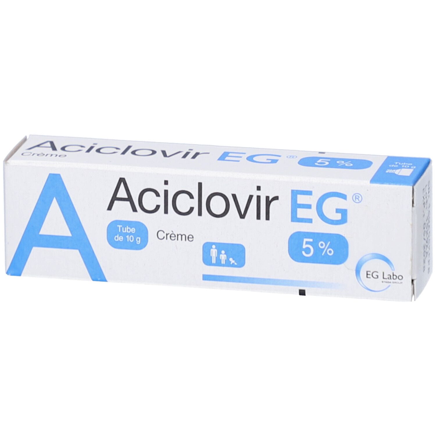 Boîte Aciclovir EG 5%. Graphique bleu "A". Texte: Tube de 10 g, Crème. Logo EG Labo.