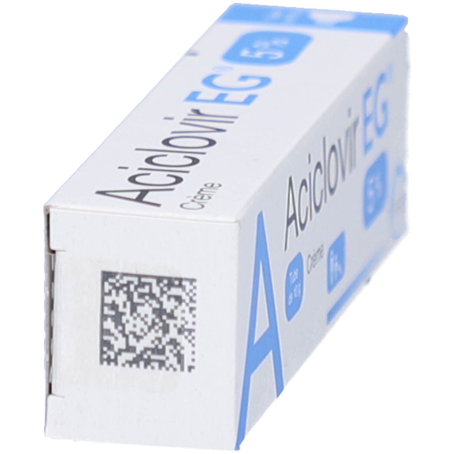 Boîte Aciclovir EG 5%. Vue latérale avec code-barres. Texte: Crème. Logo EG Labo.