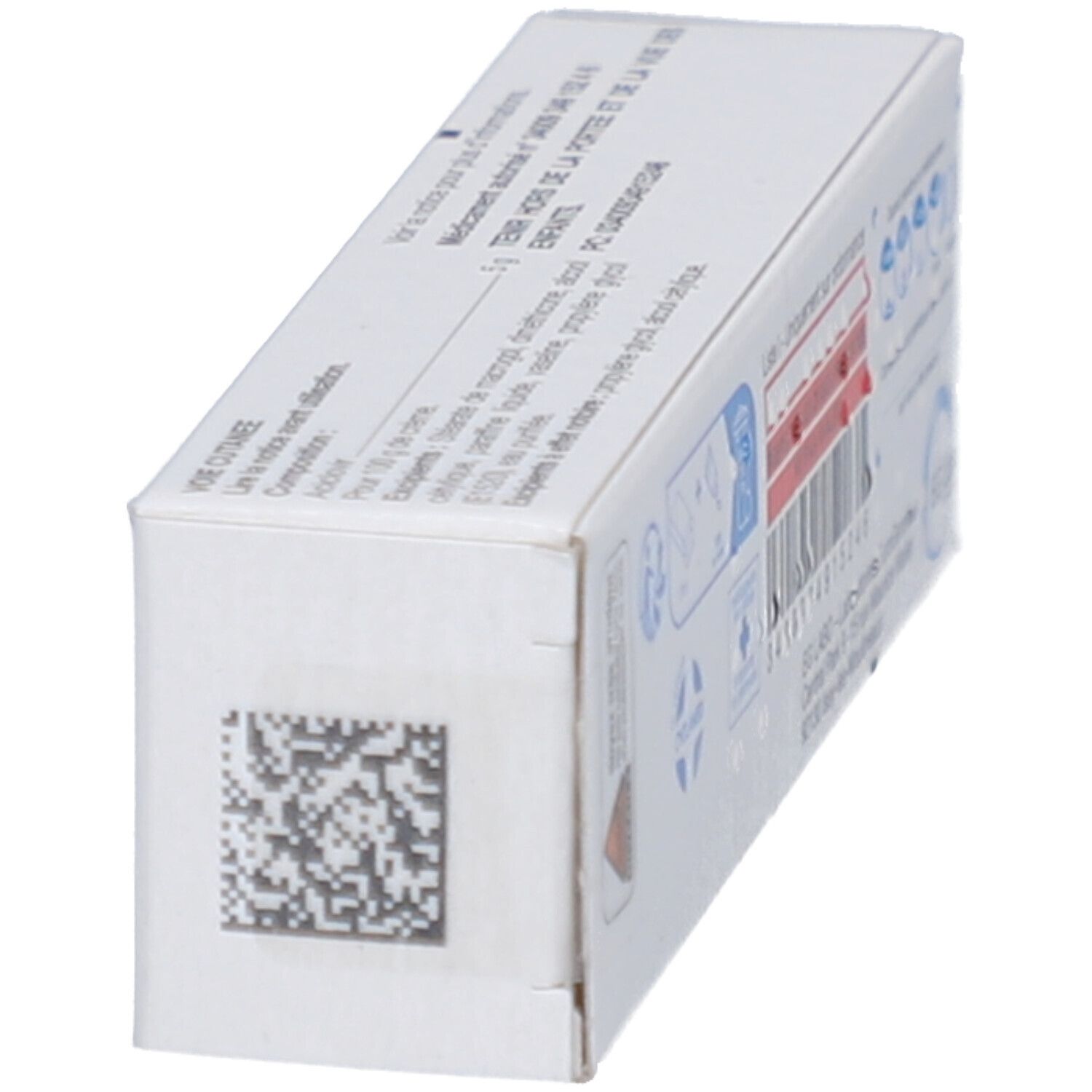 Vue latérale de la boîte Aciclovir EG 5%. Code-barres et texte. Logo EG Labo.