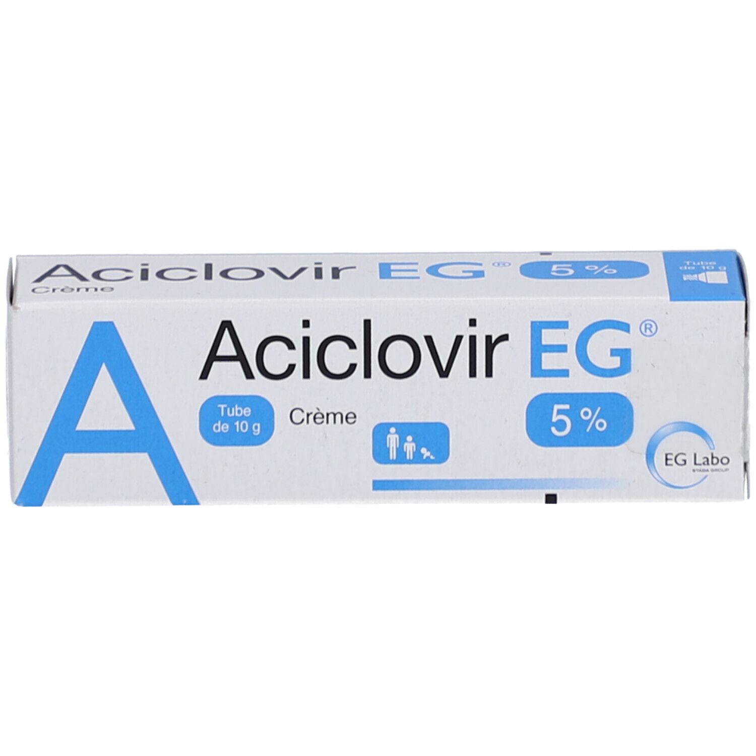 Boîte Aciclovir EG 5%. Graphique bleu "A". Texte: Tube de 10 g, Crème. Logo EG Labo.