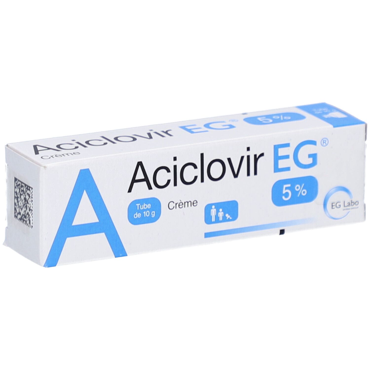 Boîte Aciclovir EG 5%. Graphique bleu "A". Texte: Tube de 10 g, Crème. Logo EG Labo.