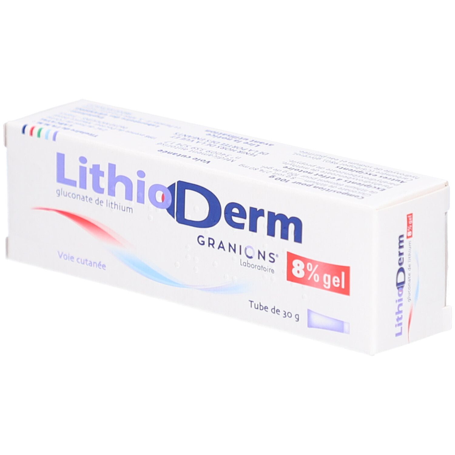 Boîte de LITHIODERM 8 % gel. Inscription : Tube de 30 g. Lignes bleues et rouges. Fond blanc.