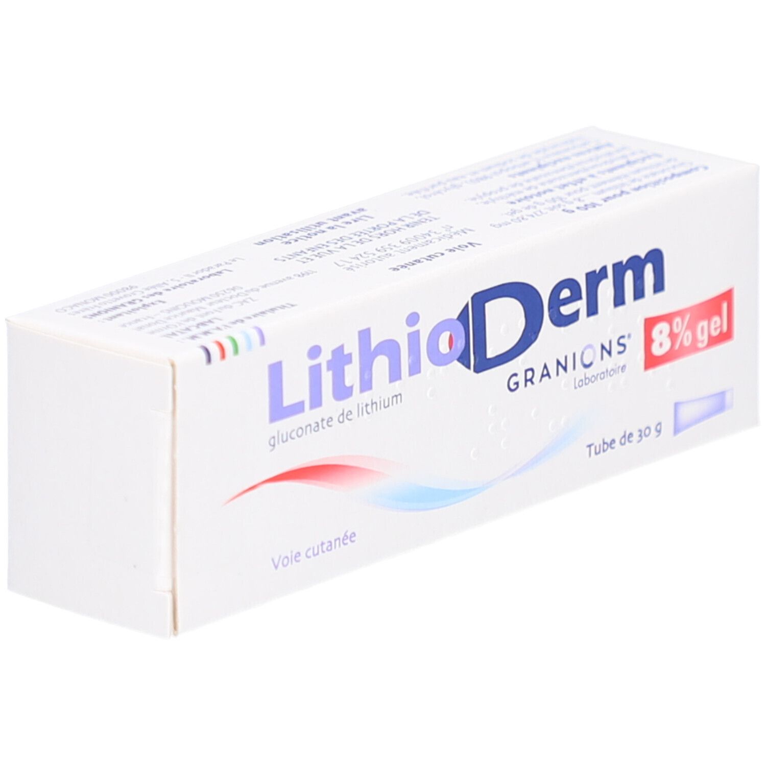 Boîte de LITHIODERM 8 % gel. Inscription : Tube de 30 g. Lignes bleues et rouges. Fond blanc.