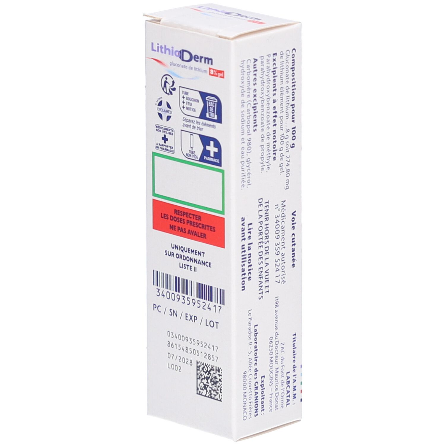 Boîte LITHIODERM 8 % gel. Inscription : 8 % gel, Tube de 30 g. Verso avec texte et symboles.