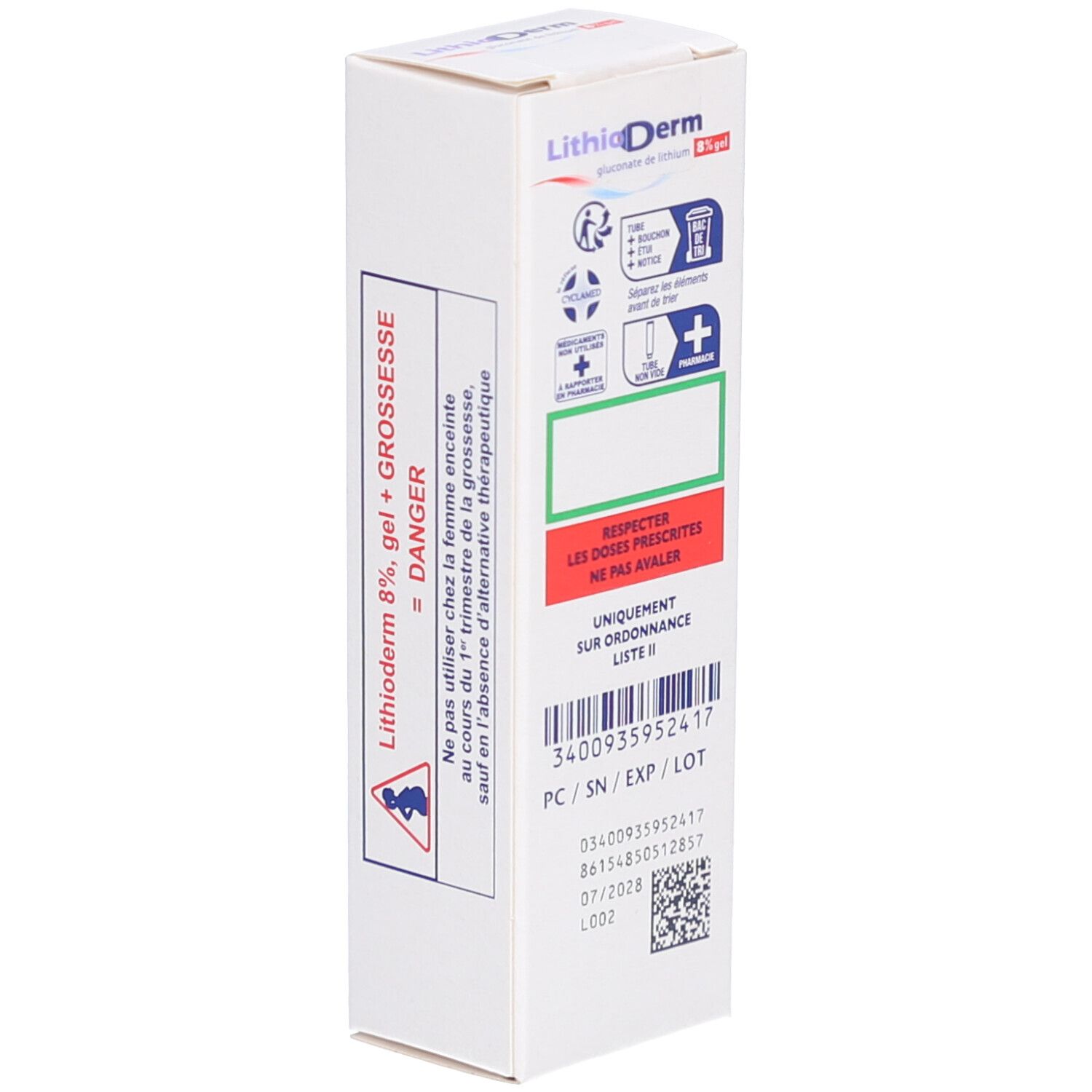 Boîte LITHIODERM 8 % gel. Inscription : 8 % gel, Tube de 30 g. Verso avec texte et symboles.