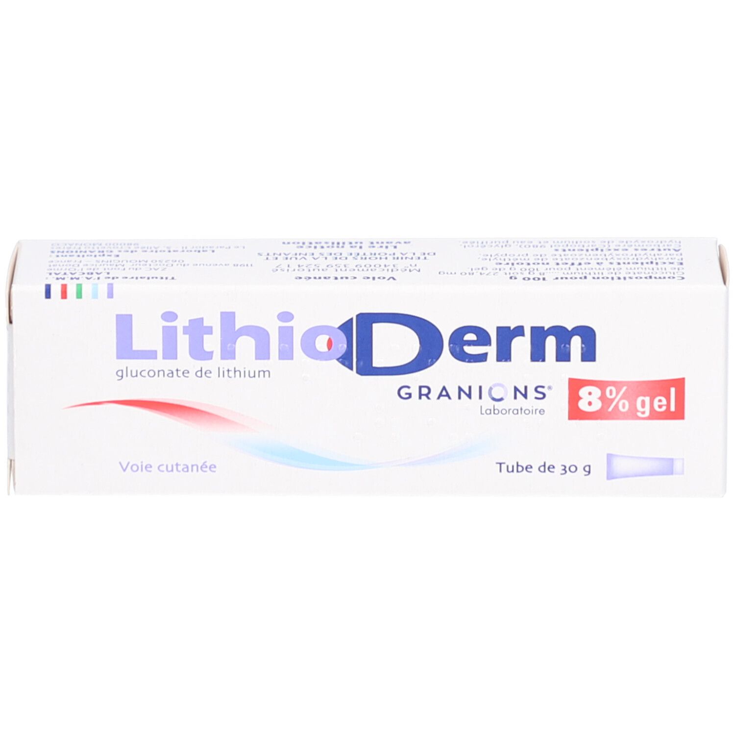 Boîte de LITHIODERM 8 % gel. Inscription : Tube de 30 g. Lignes bleues et rouges. Fond blanc.