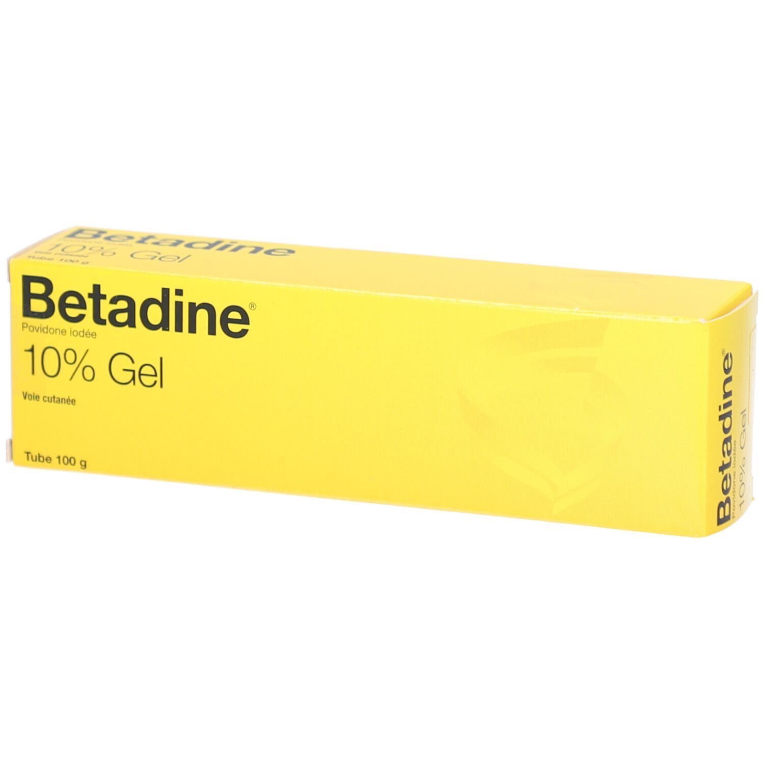 Boîte jaune de gel. Inscription: Betadine 10% Gel. Povidone iodée. Tube 100 g.