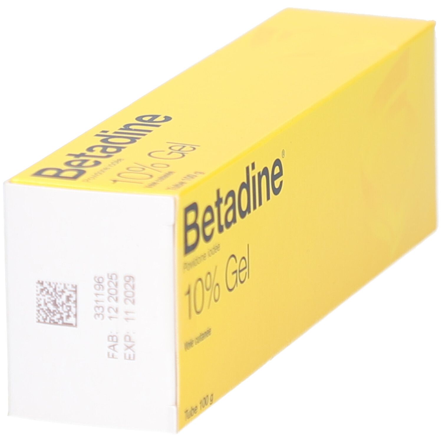 Boîte de gel jaune. Inscription: Betadine 10% Gel. Code-barres et date d'expiration.