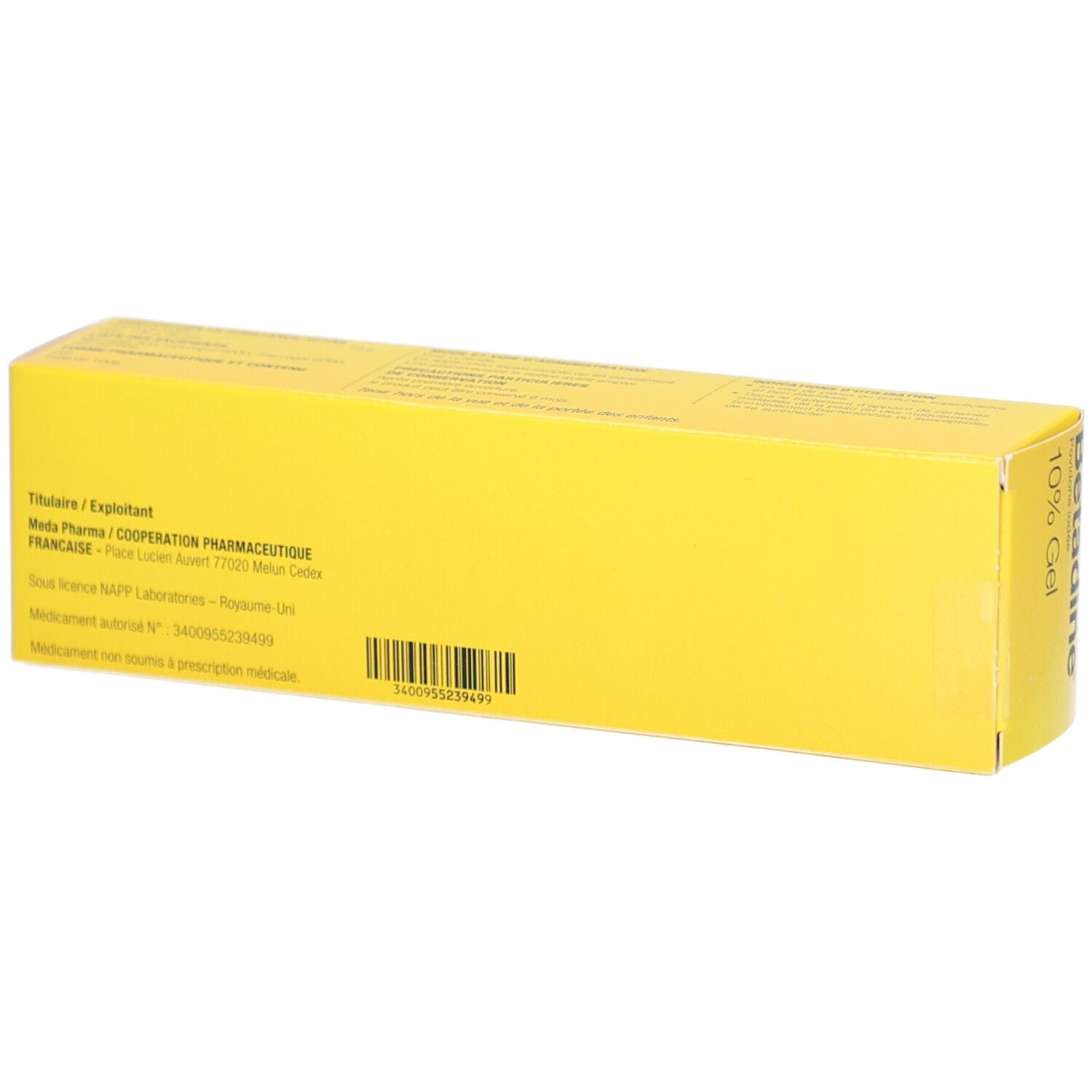Boîte de gel jaune. Dos avec texte et code-barres. Informations du fabricant.