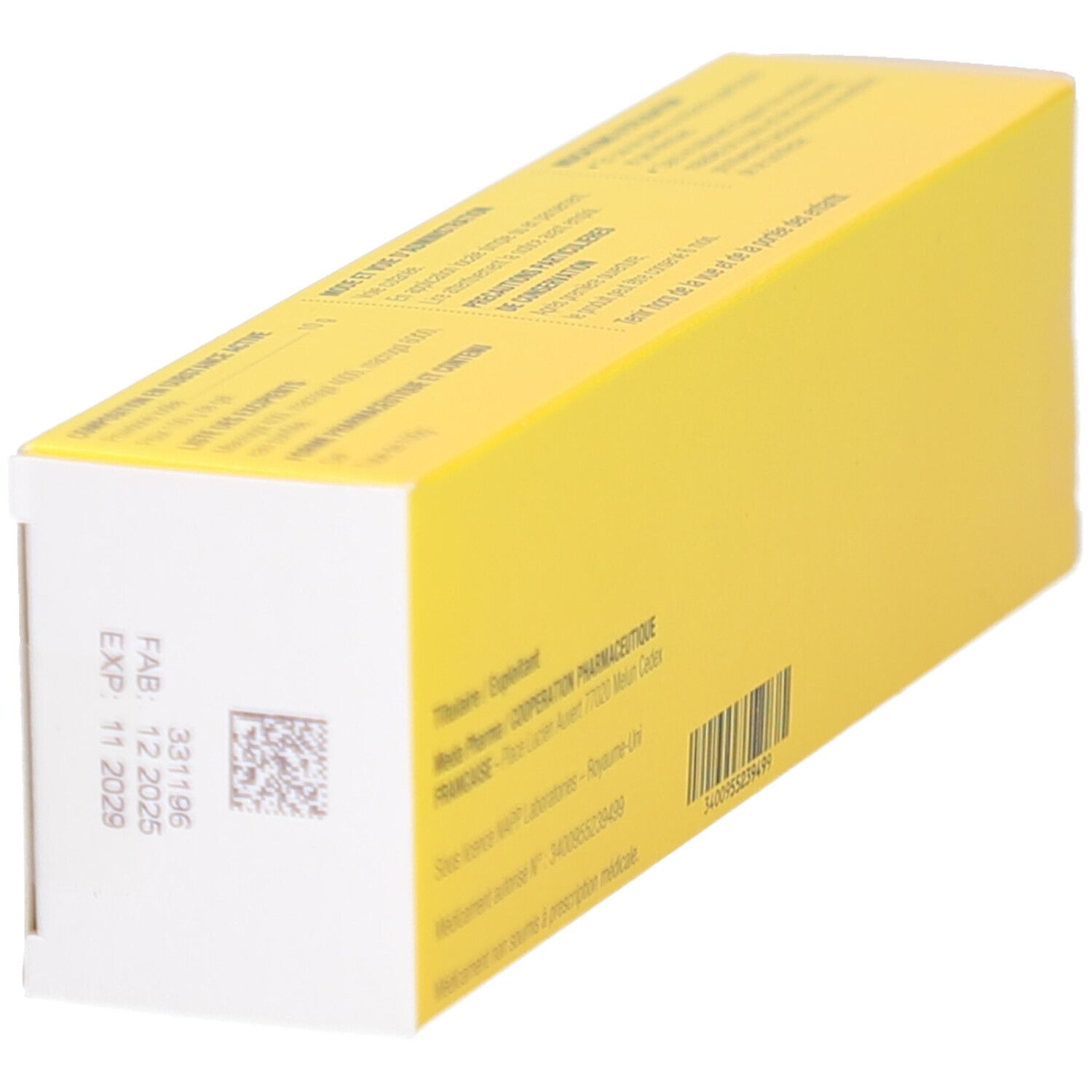 Boîte de gel jaune. Dos avec texte et code-barres. Informations du fabricant.