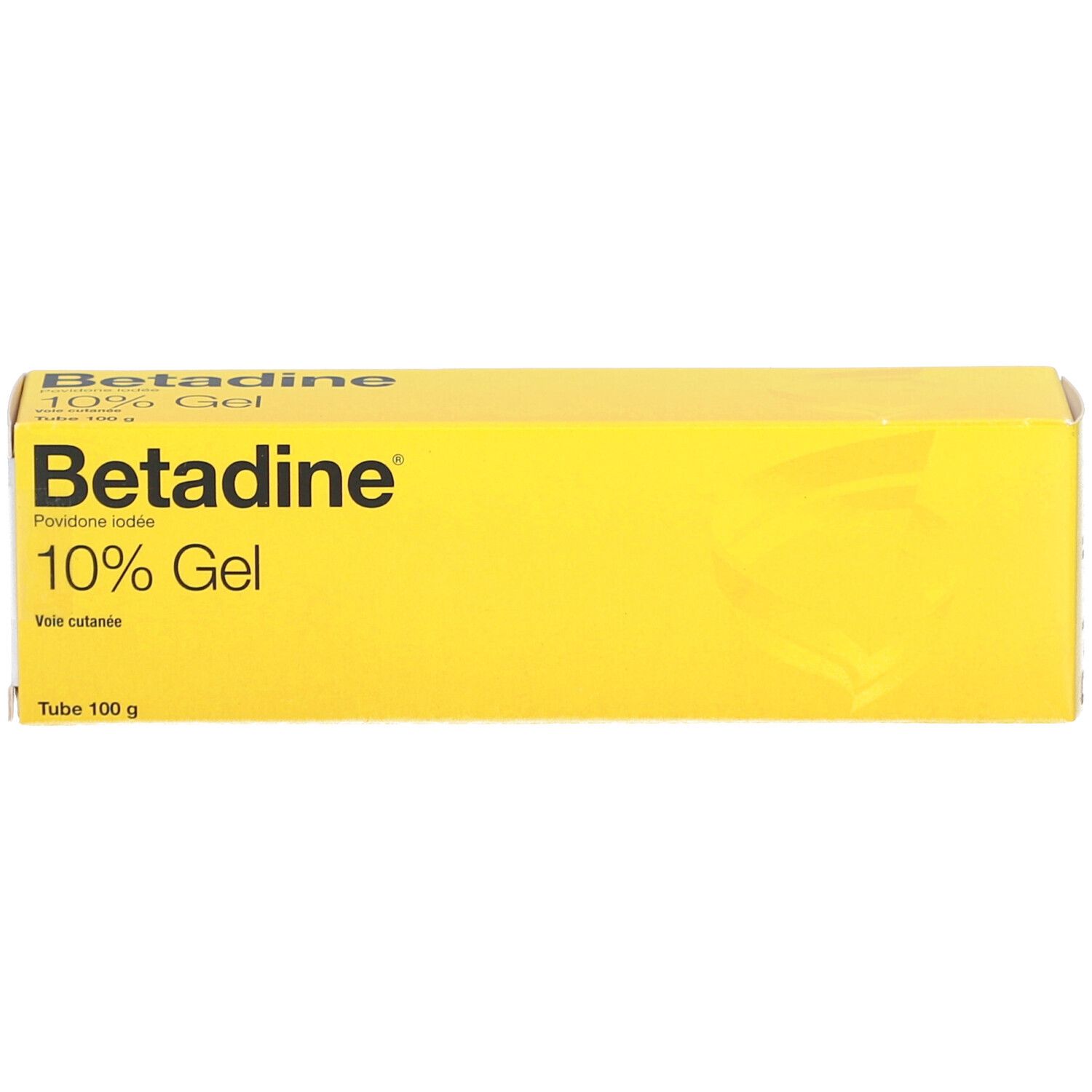 Boîte jaune de gel. Inscription: Betadine 10% Gel. Povidone iodée. Tube 100 g.
