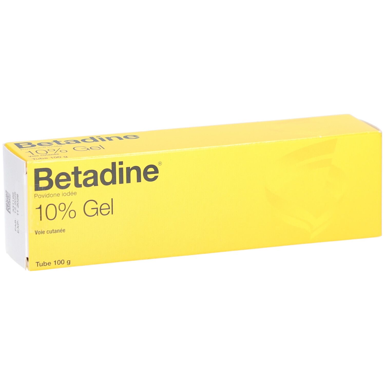 Boîte jaune de gel. Inscription: Betadine 10% Gel. Povidone iodée. Tube 100 g.