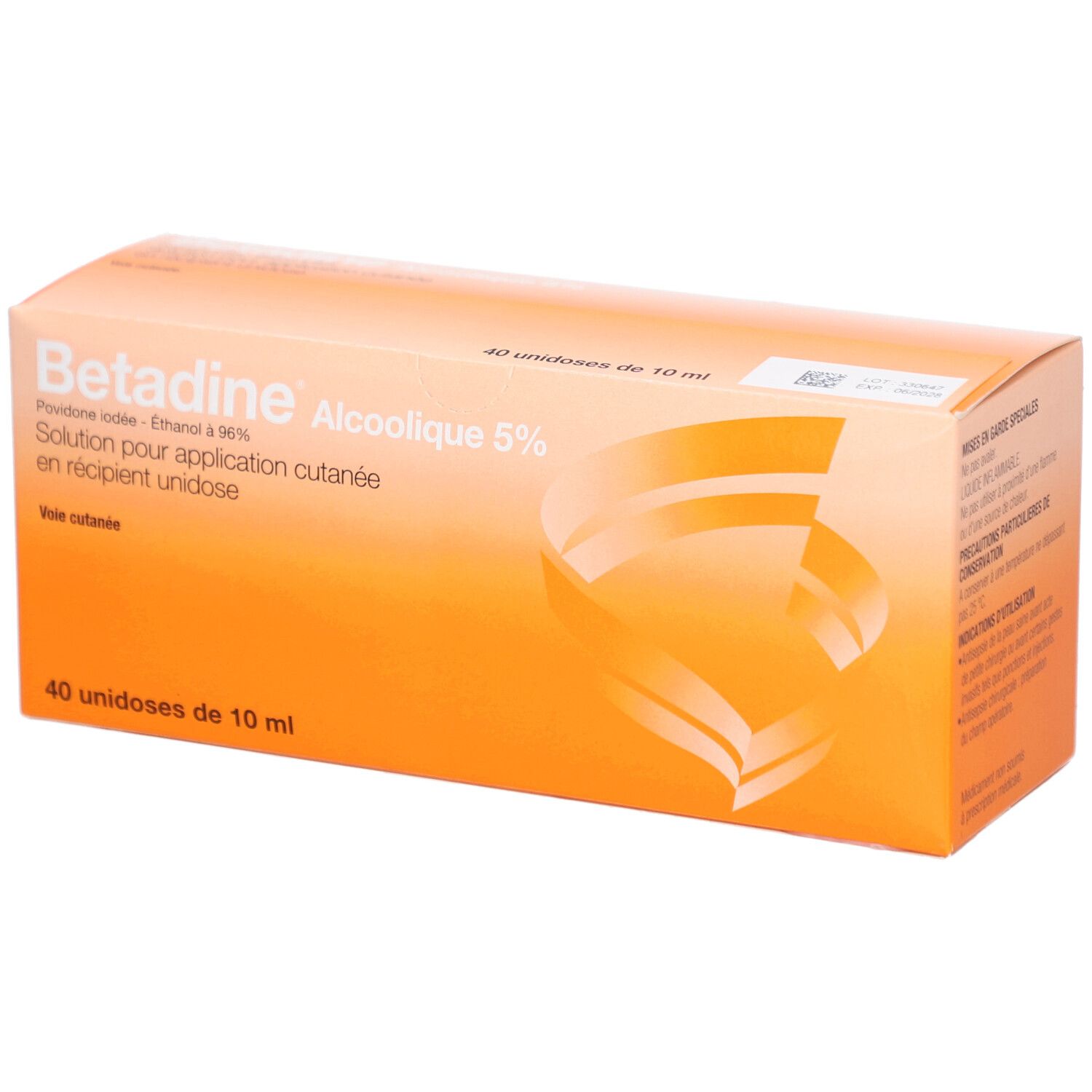 Boîte orange avec informations produit. Inscription: Betadine Alcoolique 5 %, 40 unidoses.