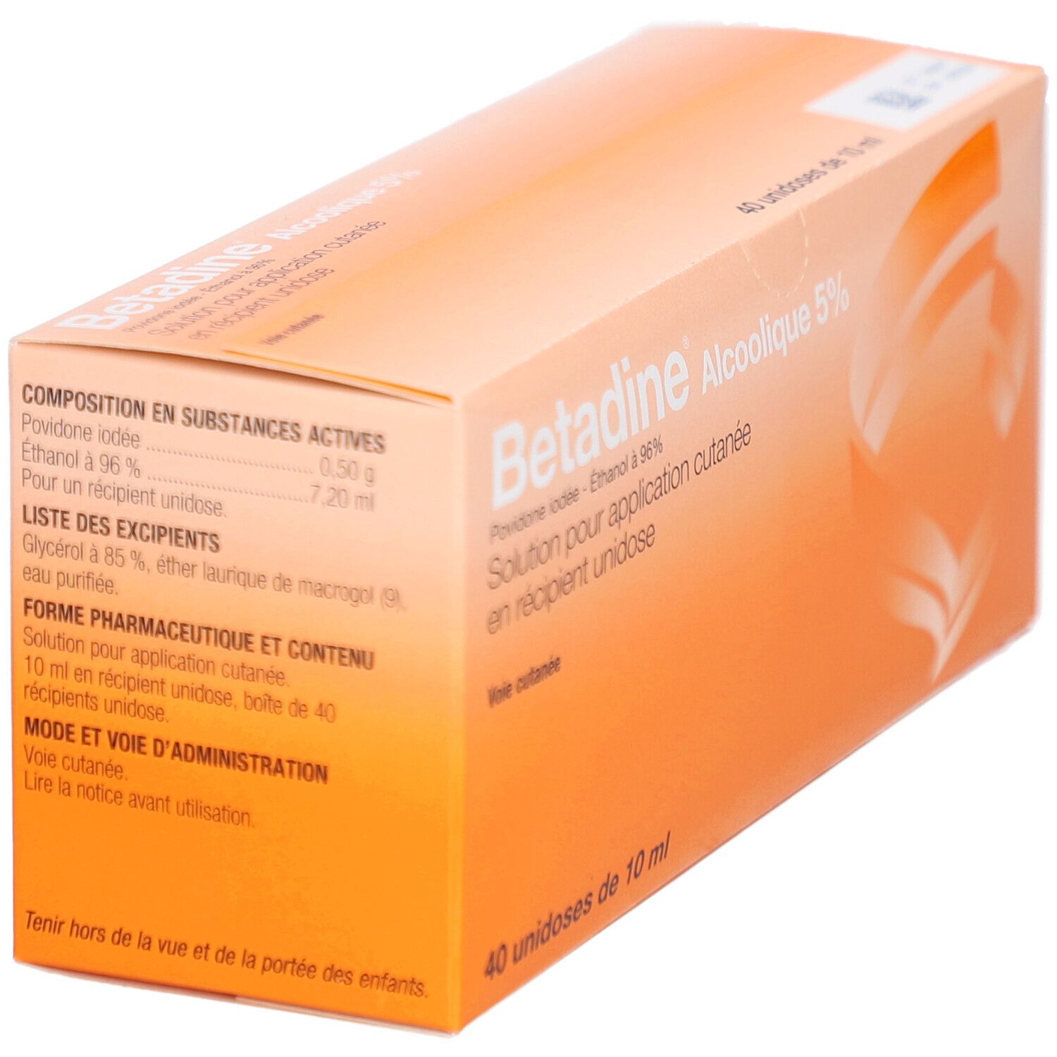 Boîte orange, vue détaillée. Texte: Betadine Alcoolique 5%. Contient informations sur ingrédients et utilisation.