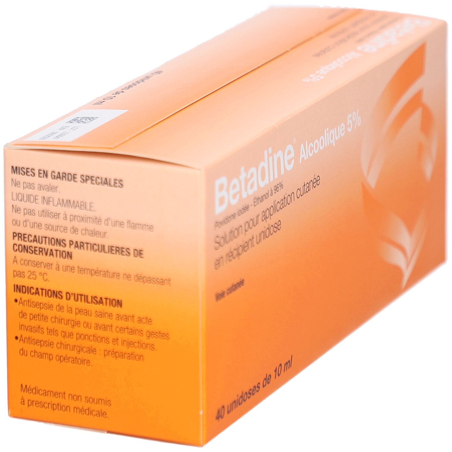 Boîte orange, vue détaillée. Texte: Betadine Alcoolique 5%. Contient précautions et instructions d'utilisation.