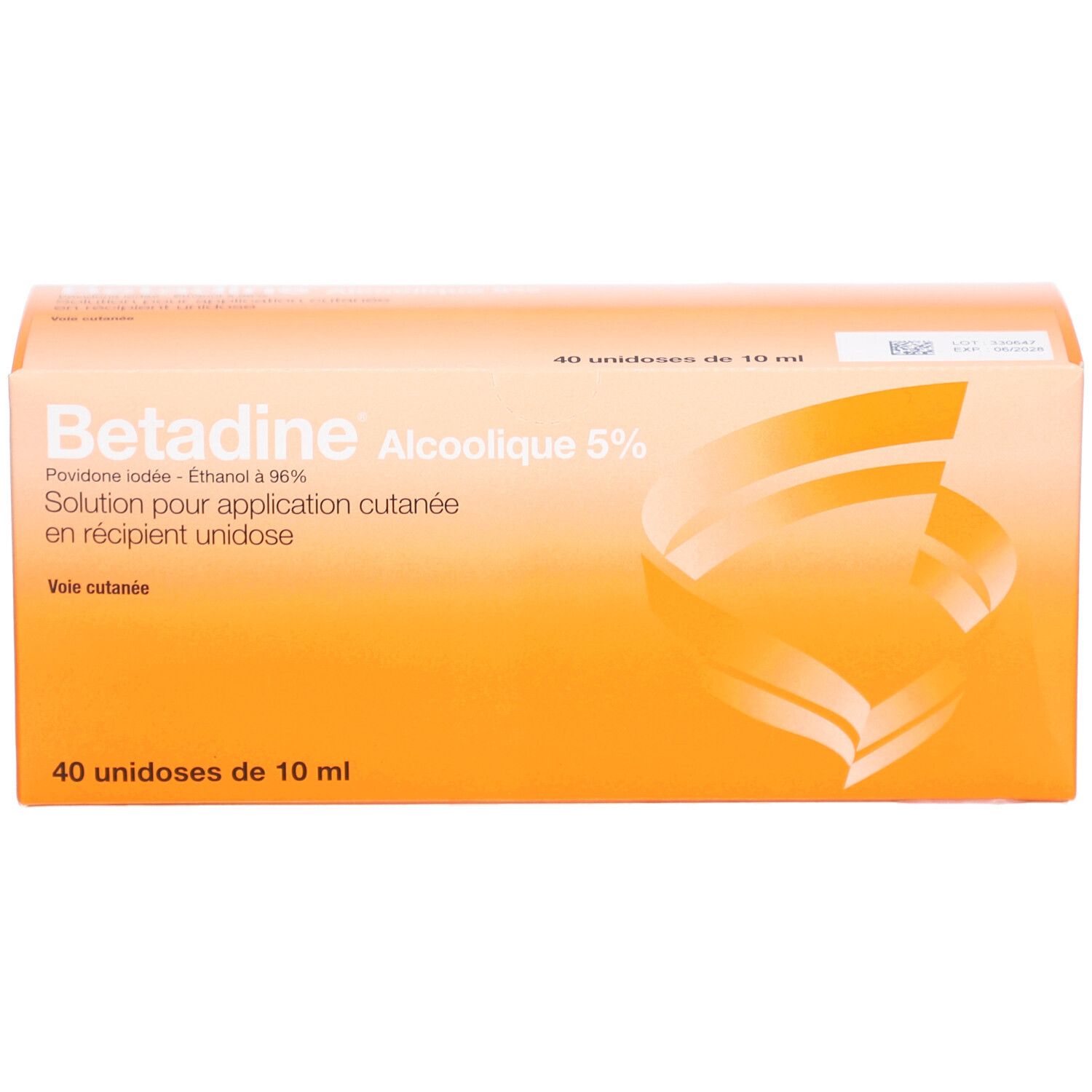 Boîte orange avec informations produit. Inscription: Betadine Alcoolique 5 %, 40 unidoses.