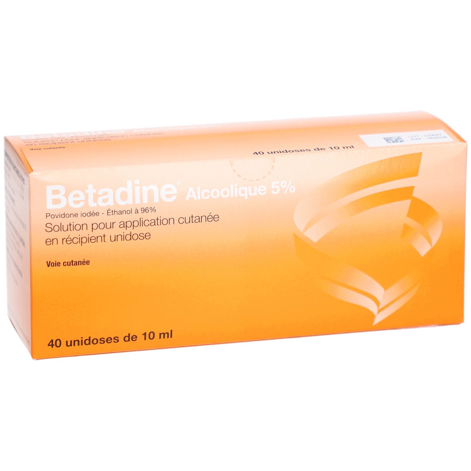 Boîte orange avec informations produit. Inscription: Betadine Alcoolique 5 %, 40 unidoses.