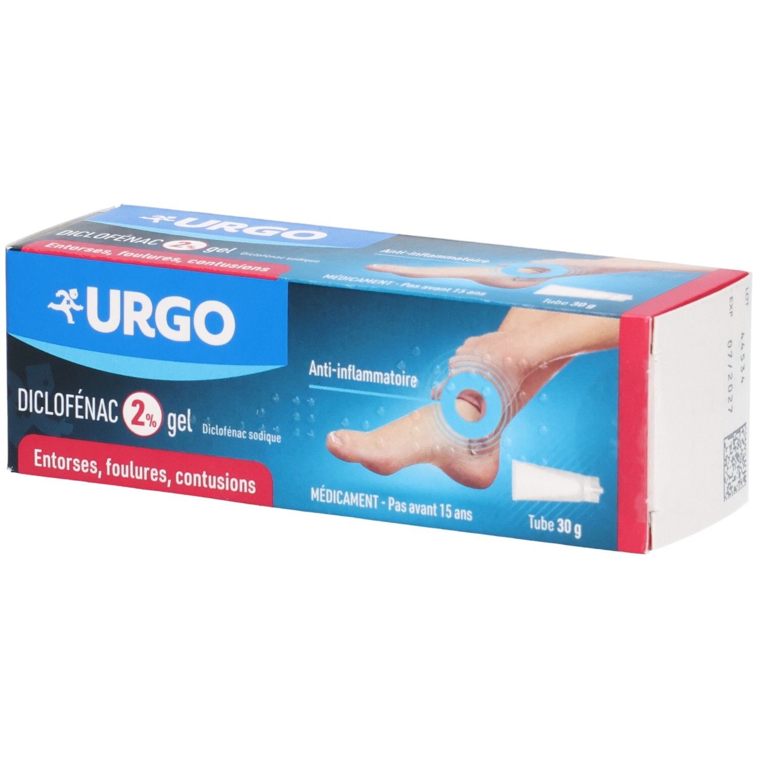 Boîte Urgo Diclofenac 2% Gel avec illustration d'un pied et d'un tube.