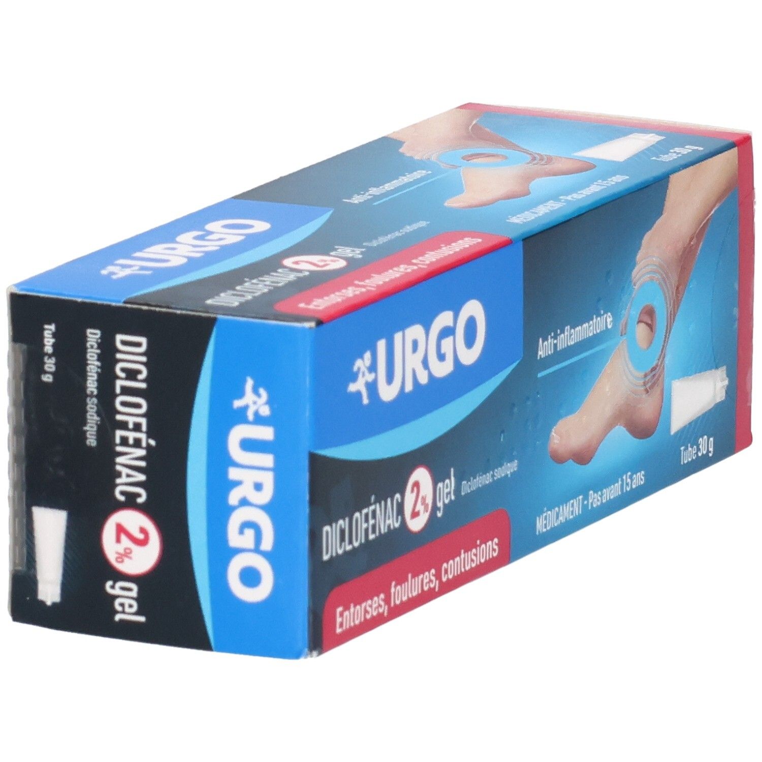 Boîte Urgo Diclofenac 2% Gel, face avant avec illustration de pied et tube.