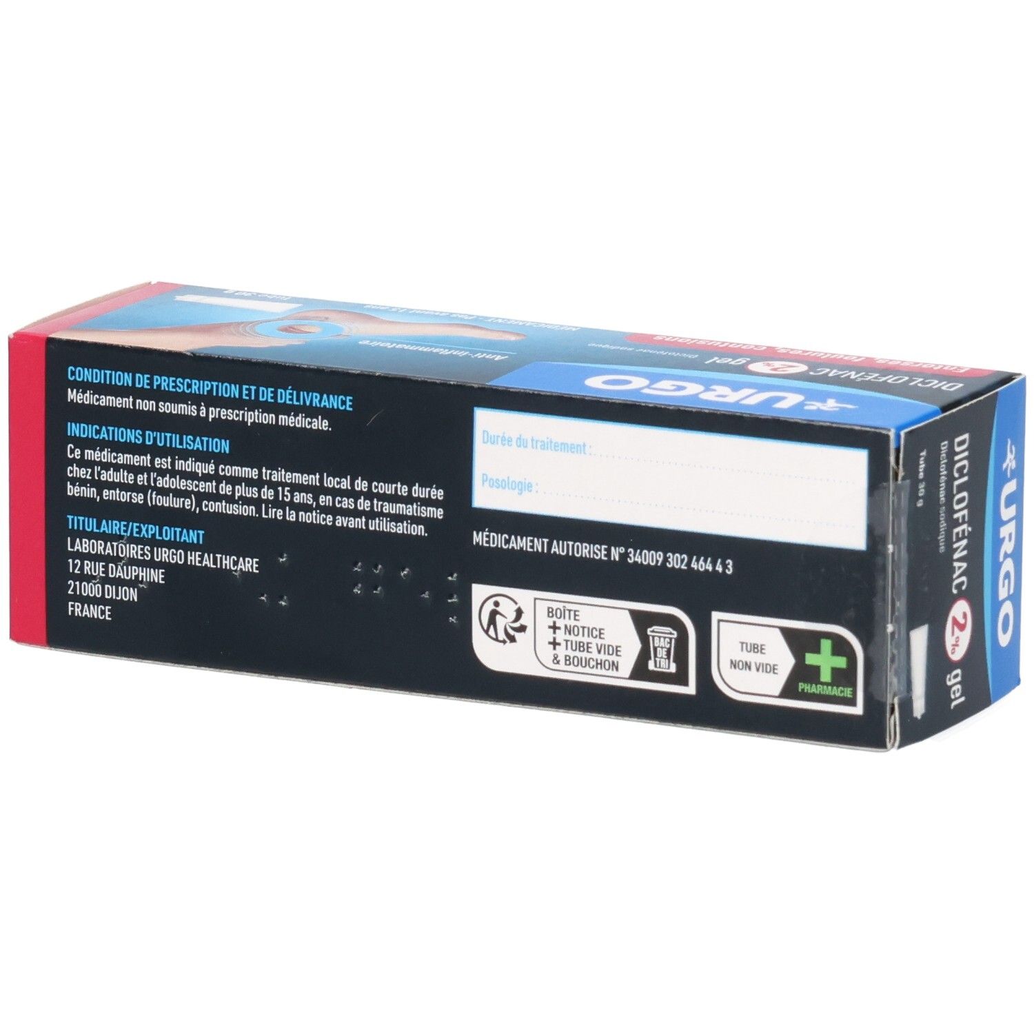 Boîte Urgo Diclofenac 2% Gel, vue latérale avec instructions d'utilisation.