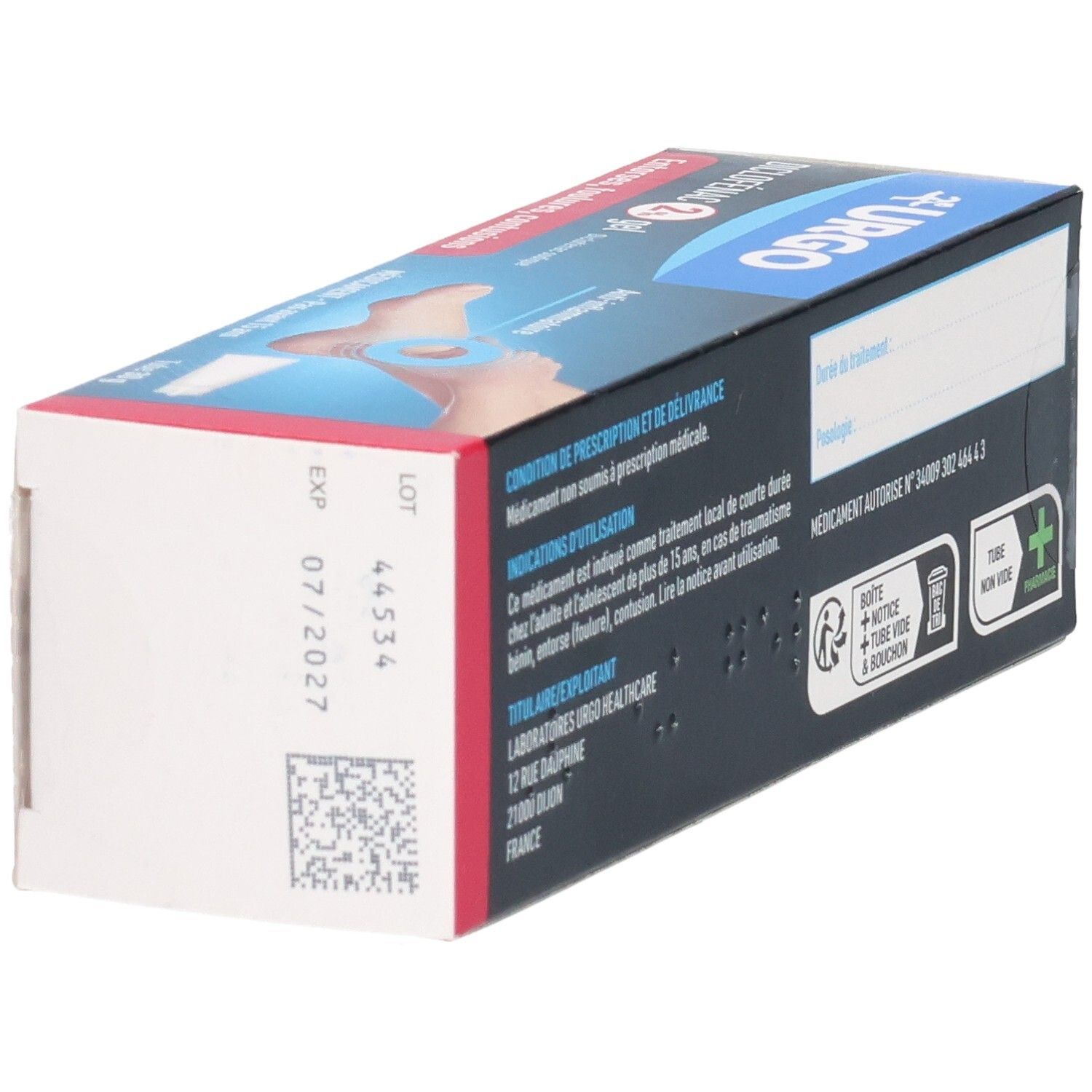 Boîte Urgo Diclofenac 2% Gel, arrière avec numéro de lot et date d'expiration.