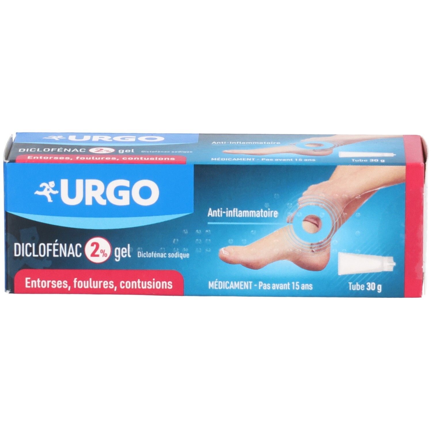 Boîte Urgo Diclofenac 2% Gel avec illustration d'un pied et d'un tube.