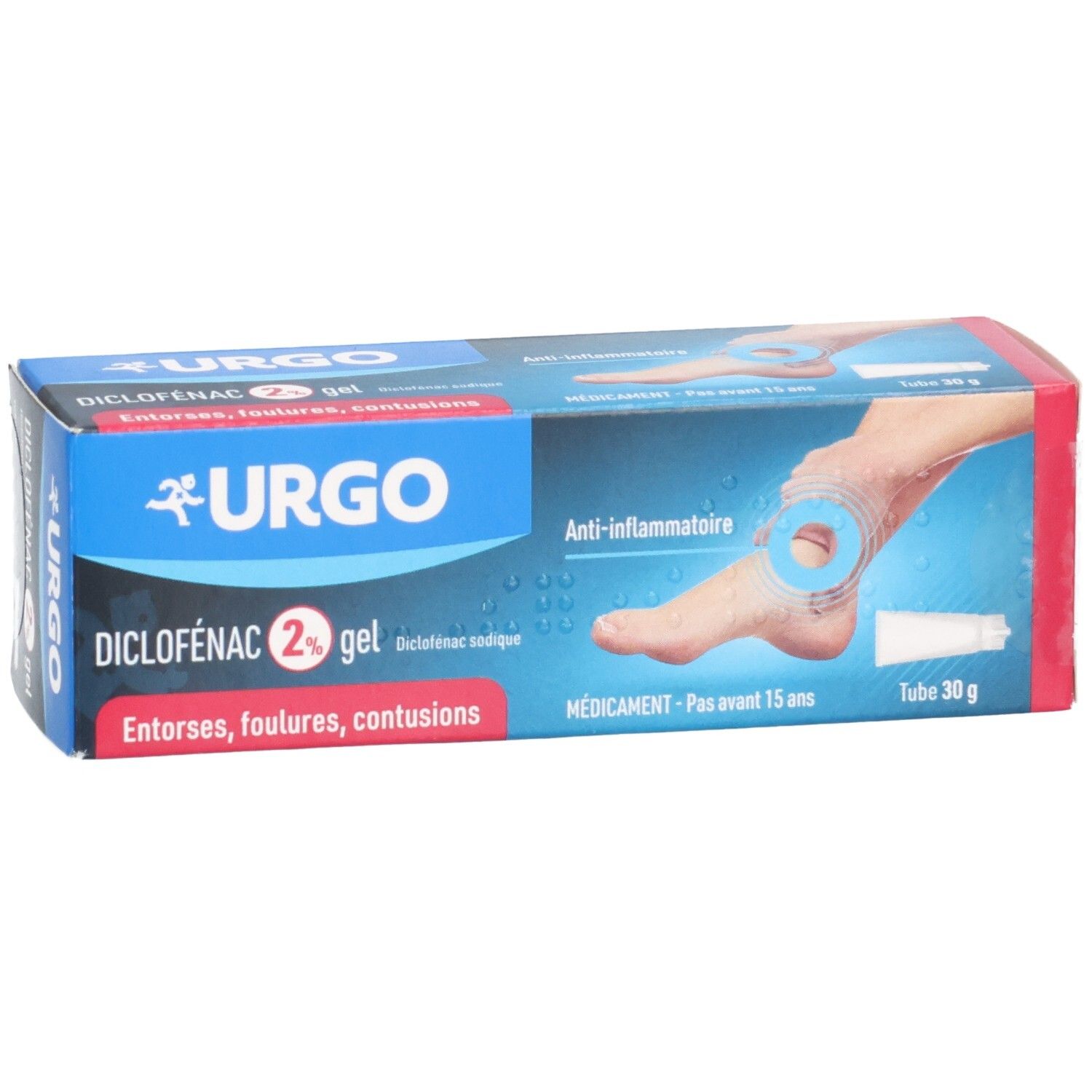 Boîte Urgo Diclofenac 2% Gel avec illustration d'un pied et d'un tube.