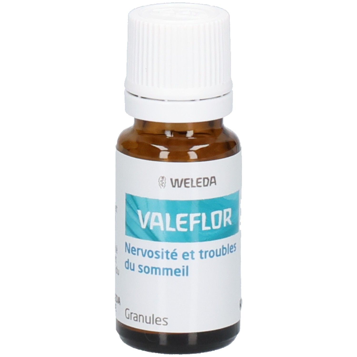 Flacon en verre brun avec bouchon blanc. Étiquette VALEFLOR, Nervosité et troubles du sommeil, Granules et logo WELEDA.