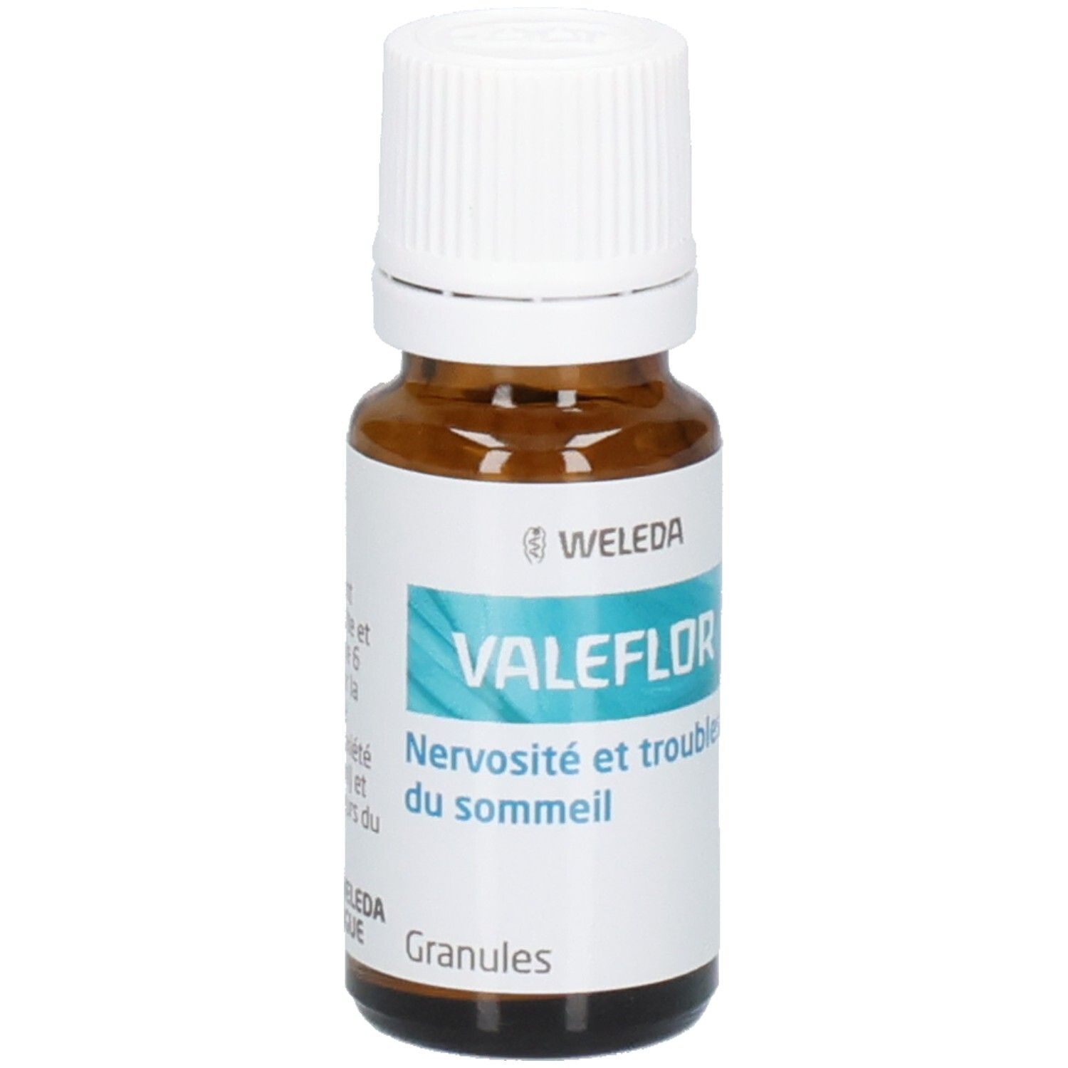 Flacon en verre brun avec bouchon blanc. Étiquette avec informations produit, VALEFLOR, logo WELEDA et Granules.