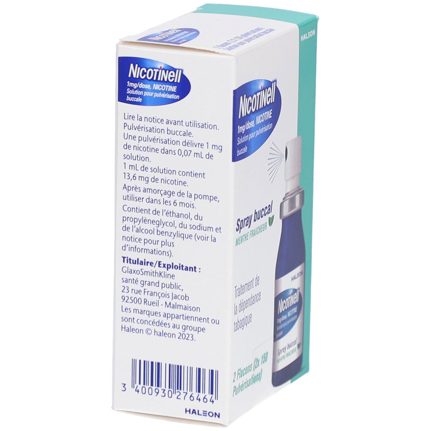 Boîte de Nicotinell Spray. Texte sur le côté: ingrédients, dosage, informations fabricant. Logo HALEON. Code-barres.