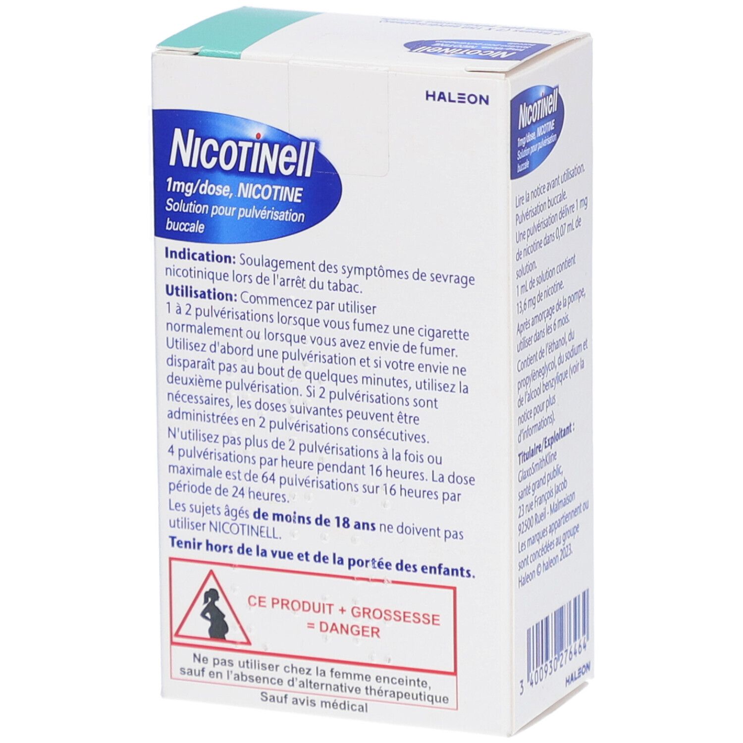 Boîte de Nicotinell Spray. Texte: utilisation, avertissements, indication de grossesse. Logo: Ce produit = grossesse = danger.